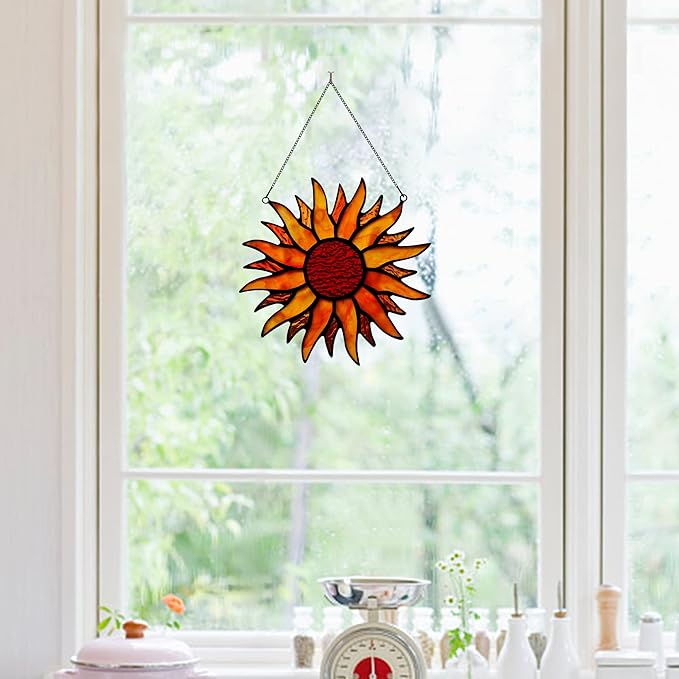 BOXCASA Sun Stained Glass Window Hangings,Tiffany Style Red Sun Suncatcher,Handcrafted Stained Glass Sun Decor for Window,Home Decorations for Window Living Room Bedroom Balcony Kitchen-VerdiqueGarden