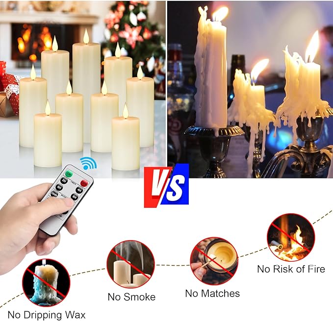 Flameless Flickering Battery Operated Candles 9PACK Real Wax Pillar LED Candles with 10-Key Remote Control and 24 Hours Timer for Wedding, Party, Home Decoration (Ivory)-VerdiqueGarden