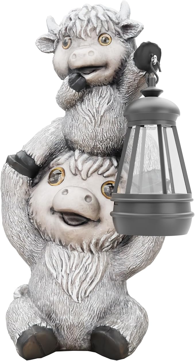 Highland Cow Statues with Solar Lights, Highland Cow Resin Figurine Lights, Highland Cow Ornaments for Patio, Balcony, Indoor Decoration and as Gifts-VerdiqueGarden