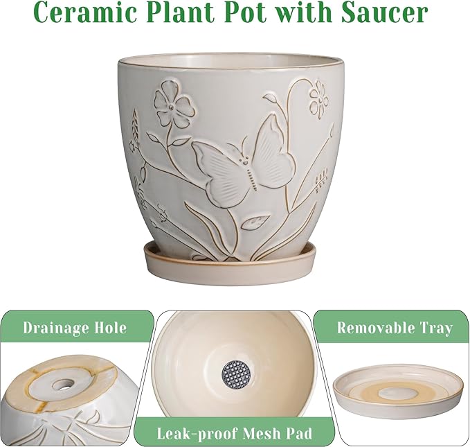 10 Inch Plant Pot Ceramic Planter Pot with Drainage Hole and Saucer Round Planter Large Flower Pot for Indoor Outdoor Plants Home Garden Decor White-VerdiqueGarden