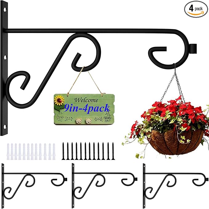 Plant Hook 4Pcs Hanging Basket Hooks,9in Plant Hangers Outdoor/Indoor,Black Plant Bracket Hook for Hanging Flower Baskets,Bird Feeder Hanger-VerdiqueGarden