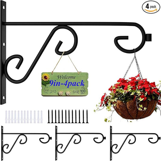 Plant Hook 4Pcs Hanging Basket Hooks,9in Plant Hangers Outdoor/Indoor,Black Plant Bracket Hook for Hanging Flower Baskets,Bird Feeder Hanger-VerdiqueGarden