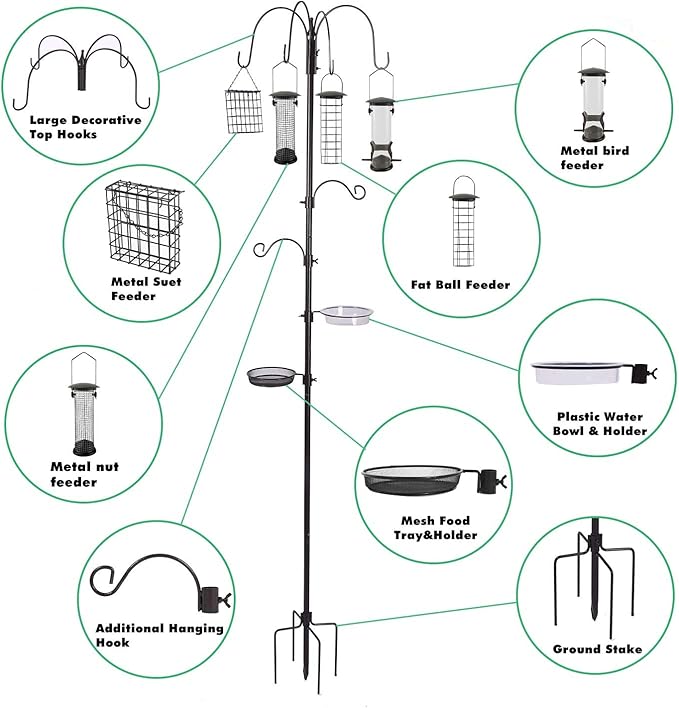 Bird Feeding Station Kit Pole Wild Bird Feeder Hanging Planter Hanger Multi Feeder Hanging with Metal Suet Feeder Bird Bath for Attracting Wild Birds-VerdiqueGarden