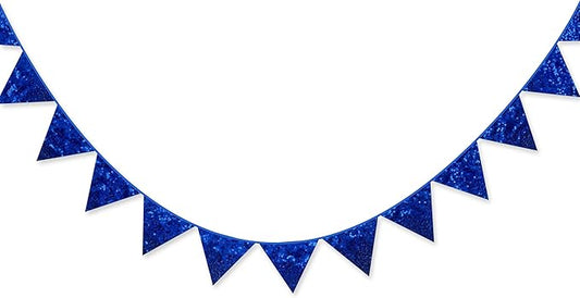 pinkblume Royal Blue Decorations Double Sided Sequin Navy Blue Fabric Triangle Pennant Banner Flag Bunting Garland for Blue Nautical Ahoy Achor Theme Nursery Classroom Home Bedroom Wall Decor-VerdiqueGarden