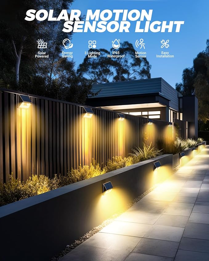 4 Pack Solar Fence Lights Waterproof, Motion Sensor Deck Outdoor, Warm White LED for Wall Yard Steps Stairs Garden - Brown-VerdiqueGarden