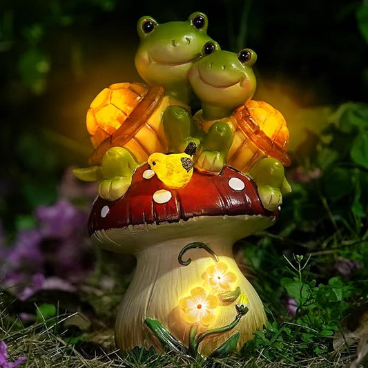 Solar Light Turtle Garden Statue, Turtle on Mushroom Figurine, Lovely Tortoise Garden Statue with 5 LED Lights for Patio, Balcony, Yard, Housewarming, Lawn Ornament, Outdoor Lawn Decor-VerdiqueGarden