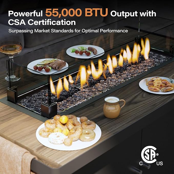 LAUSAINT HOME Propane Fire Pit Table 43 Inch with Lid, 55,000 BTU Gas Fire Pits for Outside Patio with Glass Wind Guard, Gray Glass Beads-VerdiqueGarden