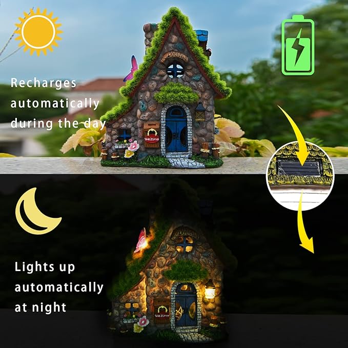 ASAWASA Resin Fairy House Statues with Solar Powered Lights, Funny Garden Sculptures with Flocked and Cobblestone Decor, Exquisite Garden Cottage Figurines-VerdiqueGarden