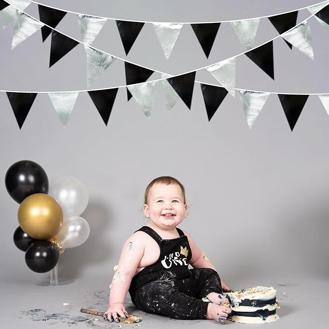 Black and Silver Party Decorations Triangle Pennant Banner Flag Metallic Fabric Bunting Garland for Birthday Graduation Retirement Wedding Bachelorette Bridal Shower Engagement Disco Party Supplies-VerdiqueGarden