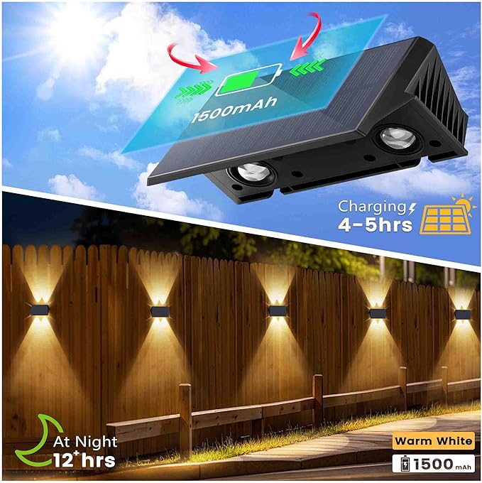 Fence Lights Solar Powered, 12-Pack Solar Fence Lights Up/Down Flexible Buttons, IP67 Waterproof for Outdoor, 120LM Bright, Auto Dusk to Dawn for Wall/Stairs/Yard/Railing/Deck/Pathway (Warm White)-VerdiqueGarden