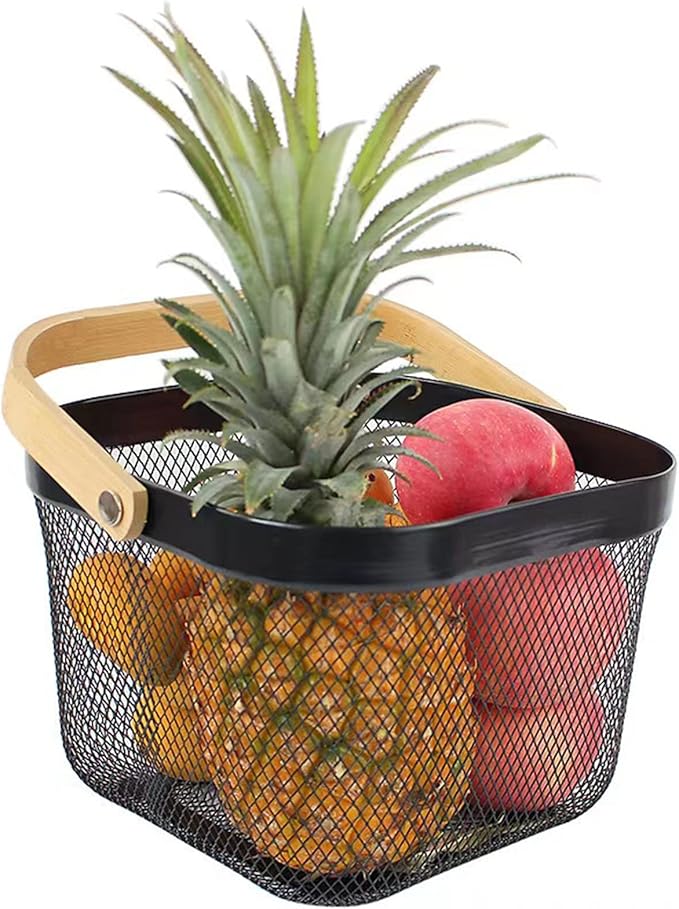 Metal Mesh Steel Basket, Storage Organizer Basket Multi-functional Hanging Kitchen Baskets Fruit Basket Bin with Bamboo Handle for Kitchen Bathroom Picnic Shopping Decor Cabinet Home, Black-VerdiqueGarden