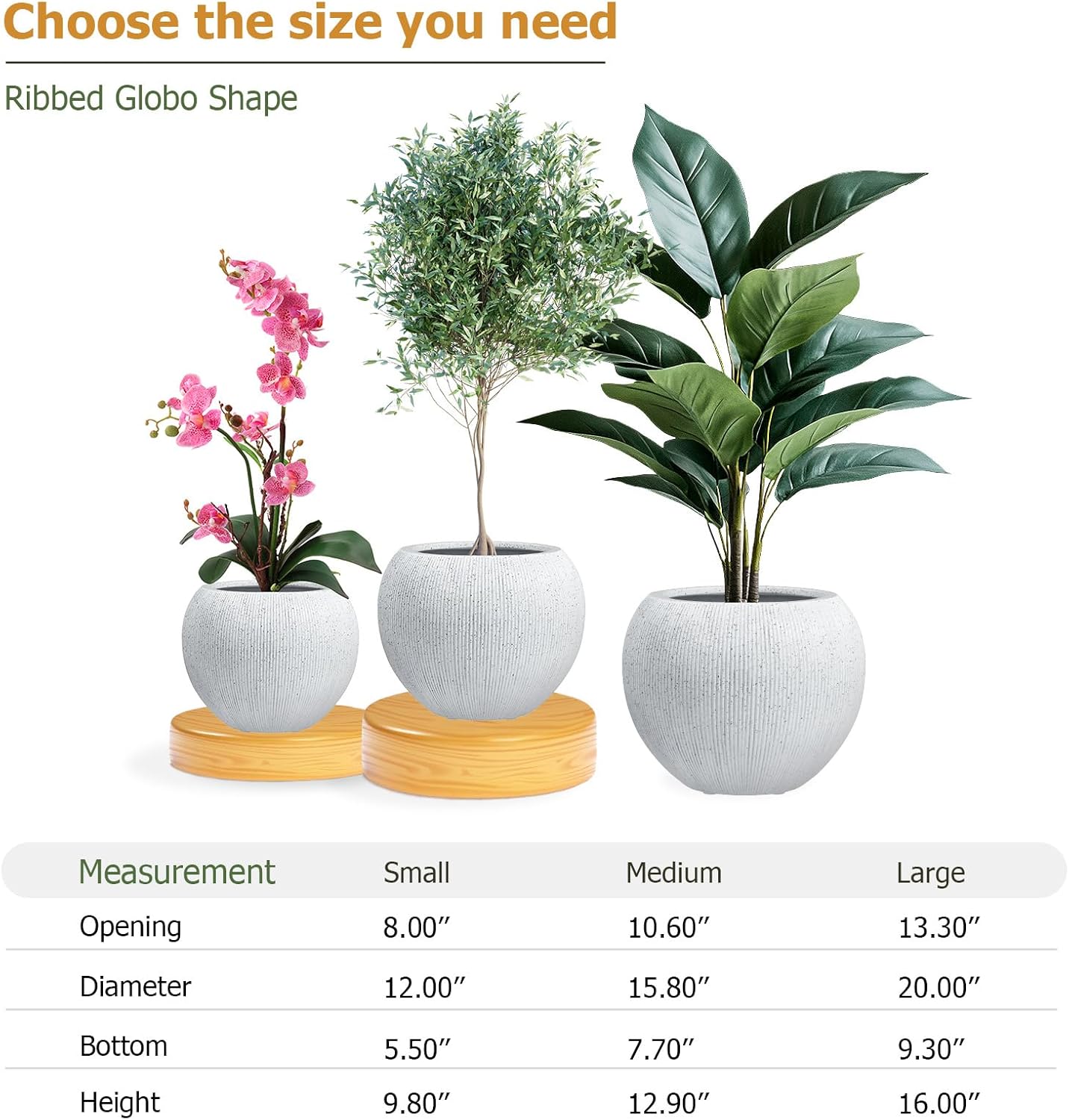 9.7" H x 12" D Globo Fiberstone Round Planter with Drainage Hole, Weather Resistant, Ribbed Finish, Planters for Indoor Plants & Outdoor, Extra Coco Mats (Speckled White, 7.8" Pot Opening)-VerdiqueGarden