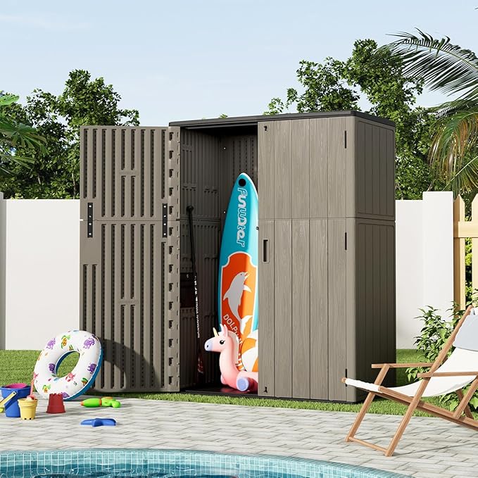 KINYING Outdoor Vertical Storage Shed,57 Cu.ft Outdoor Storage Cabinet Waterproof,Resin Sheds & Outdoor Storage Clearance for Garden,Patio,Backyard,Lockable (Brown)-VerdiqueGarden
