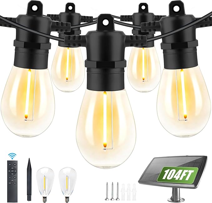 104FT(98+6) Solar String Lights Outdoor Waterproof, Solar Powered Patio Light with 30+2 Dimmable S14 Edison Bulbs Shatterproof & Remote Control, Solar String Lights for Outside Garden Backyard-VerdiqueGarden