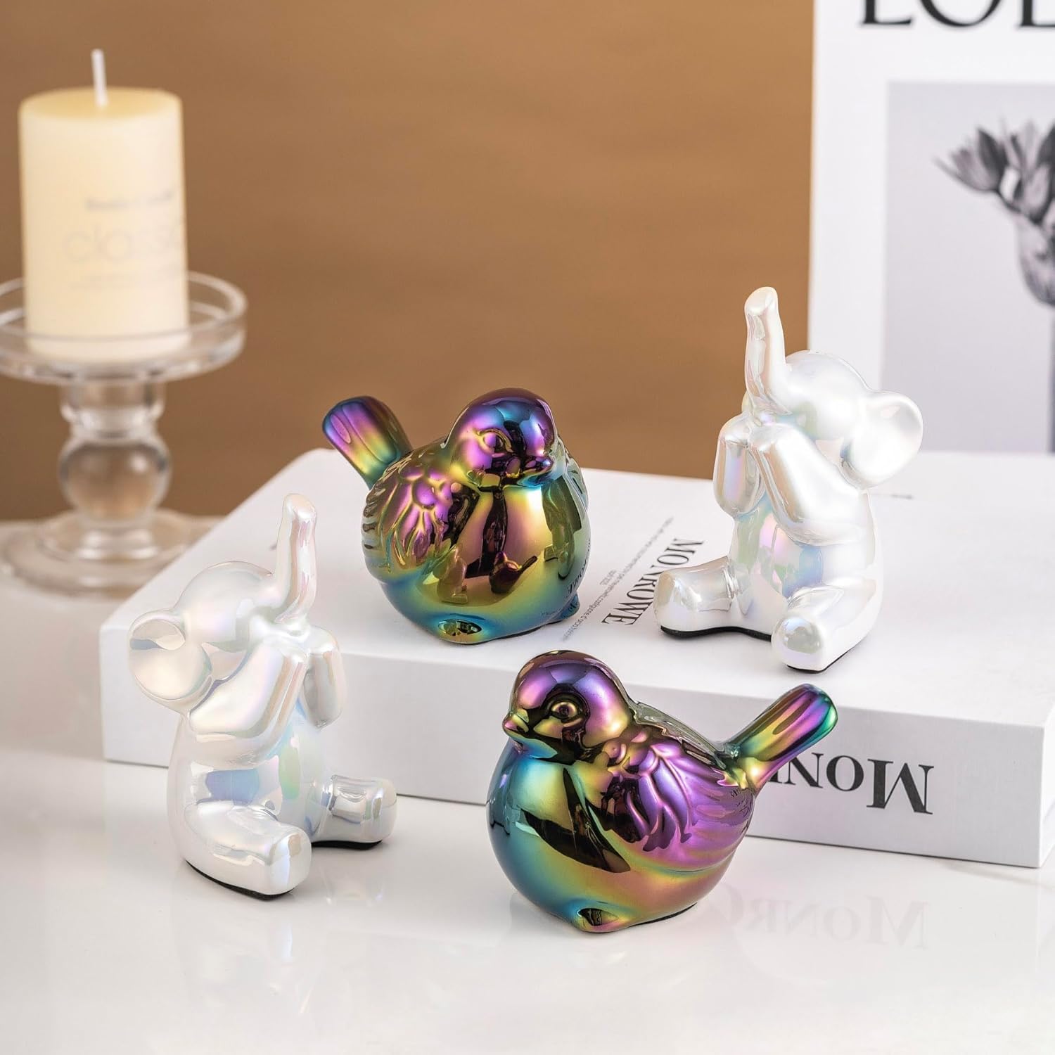 Colorful White Loving Pair of Small Elephant Statues Silver Home Decor Modern Boho Style Figurine Decorative Ornaments for Living Room, Bedroom, Office Desktop, Cabinets, Shelf-VerdiqueGarden