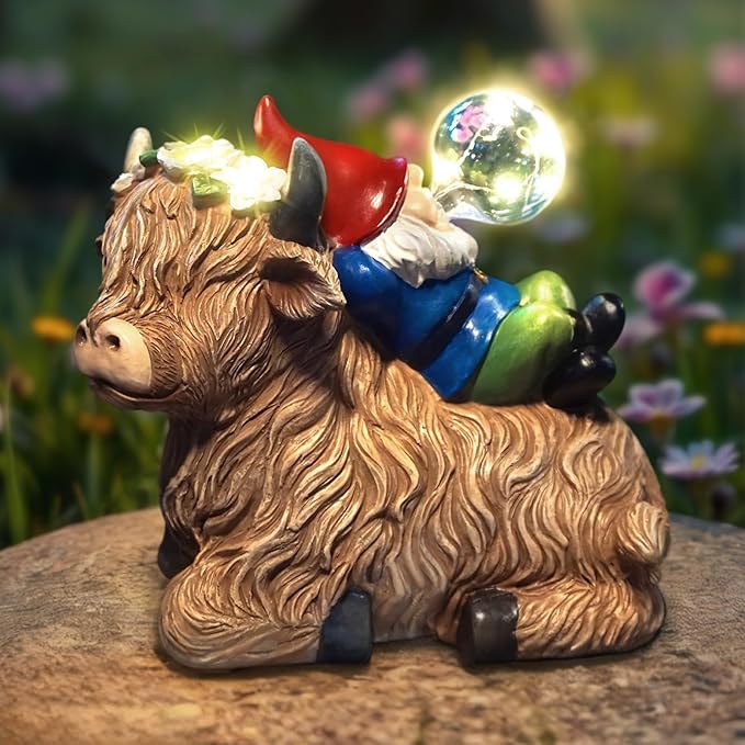 Solar Highland Cow Gnome Garden Decor Statue, Outdoor Funny Solar Light Decoration for Yard, Patio, Lawn, Unique Housewarming, Birthday Gift for Women, Mom, Grandma-VerdiqueGarden