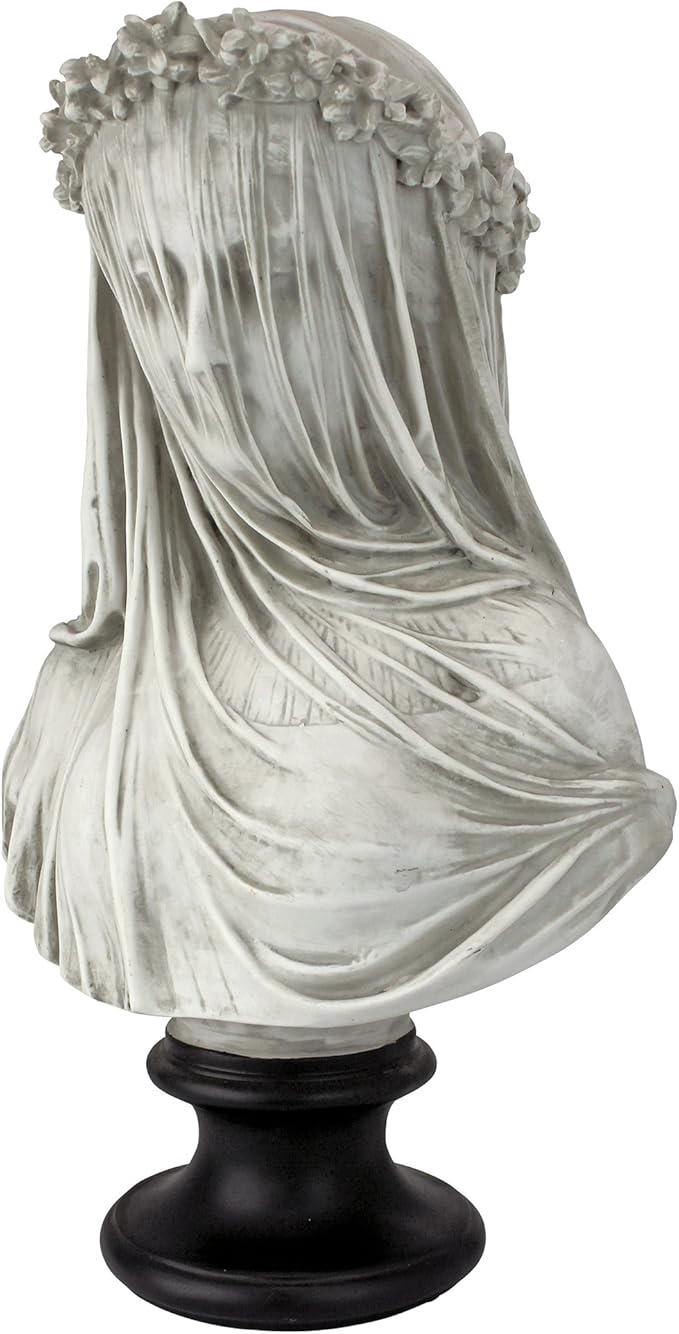 Design Toscano Veiled Maiden Indoor Bust Statue, 9 Inch Wide, 14 Inch Tall, Cast Stone Resin, Antiqued White Finish with a Black Painted Base-VerdiqueGarden