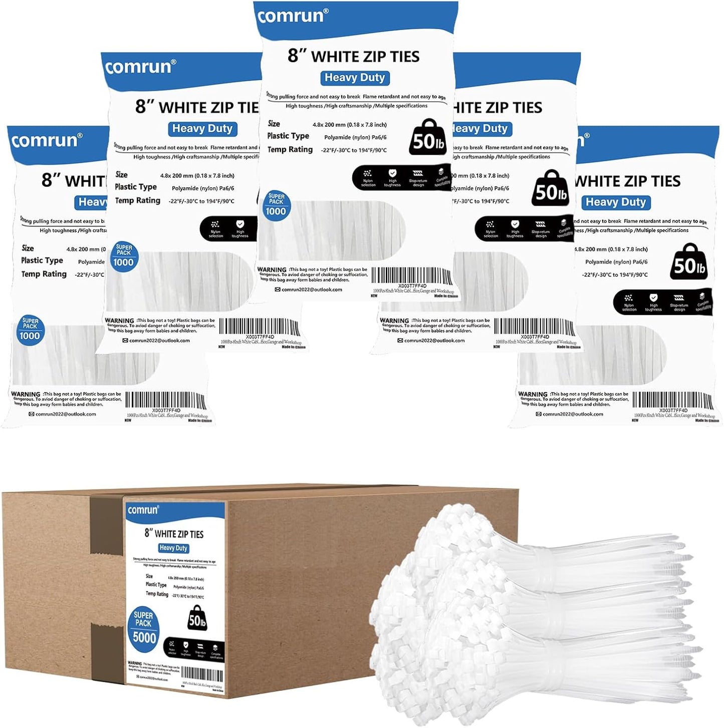 5000pcs 8Inch White Cable Tie,Nylon Zip Ties,Industrial Grade,50 Pounds Tensile Strength,UV Resistant,Heavy Duty,for Home,Garden Trellis,Office,Garage and Workshop-VerdiqueGarden