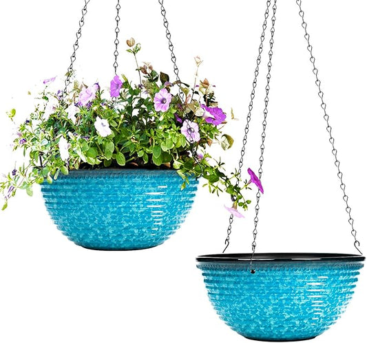 10 Inch Hanging Planter, 2 Pack Hanging Planters for Indoor Outdoor Plants Self Watering Hanging Pots with Drainage Holes for Garden Home (Snowflake Blue)-VerdiqueGarden