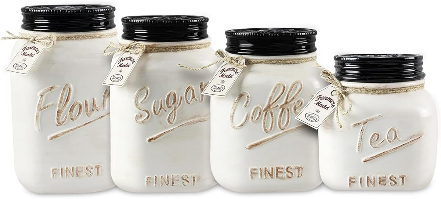 Young's 4 Piece Ceramic Canisters Sets for Kitchen, Country Style Ceramic Containers for Flour, Sugar, Tea and Coffee, Storage Containers with Lids 10.75"-VerdiqueGarden