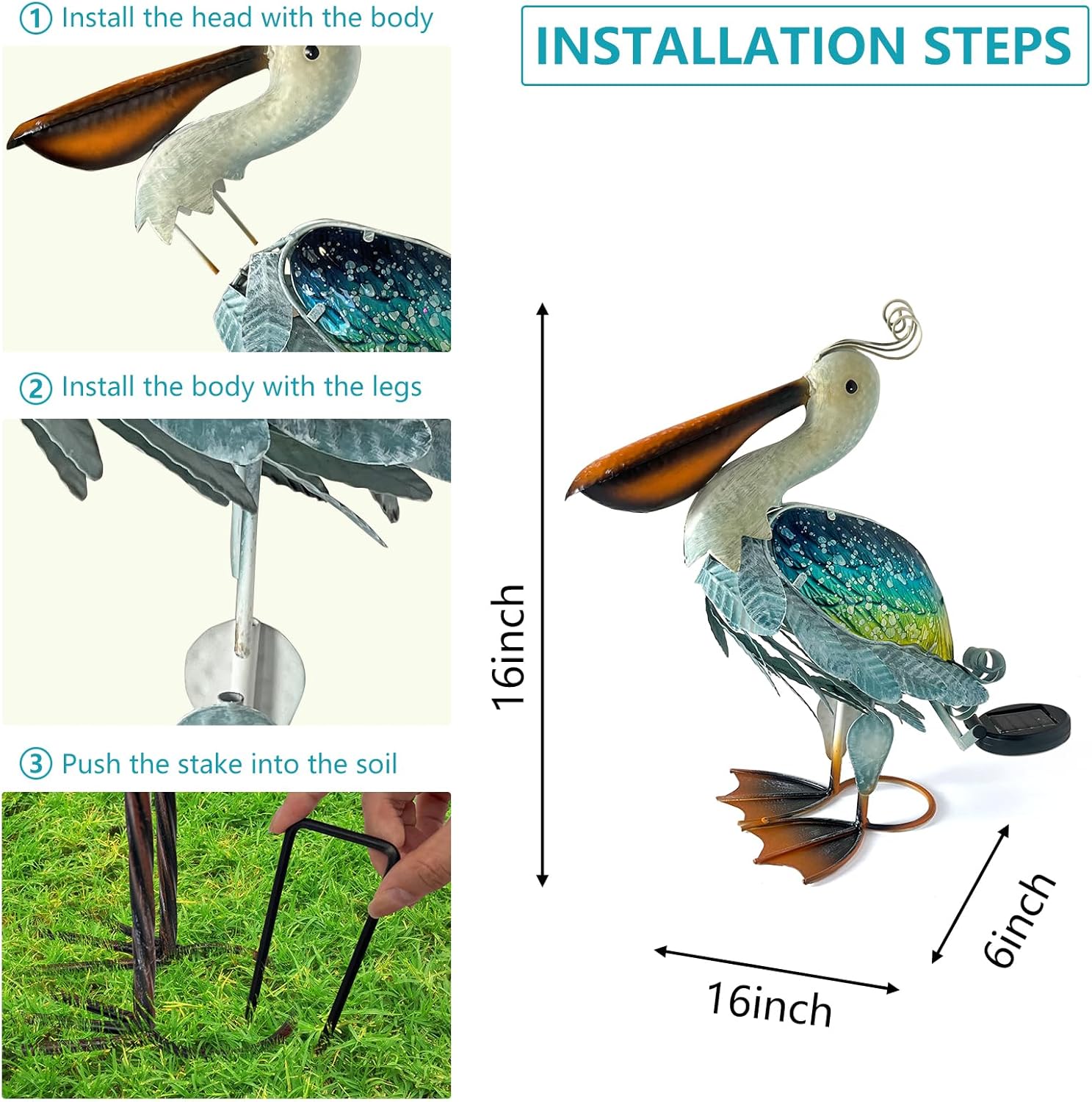 HONGLAND Solar Metal Pelican Statues Garden Sculpture & Statues, 17 Inch Glass Outdoor Pelican Yard Art Coastal Ocean Bird Decor Lawn Ornament for Backyard Porch Patio Decor（Blue-Green）-VerdiqueGarden