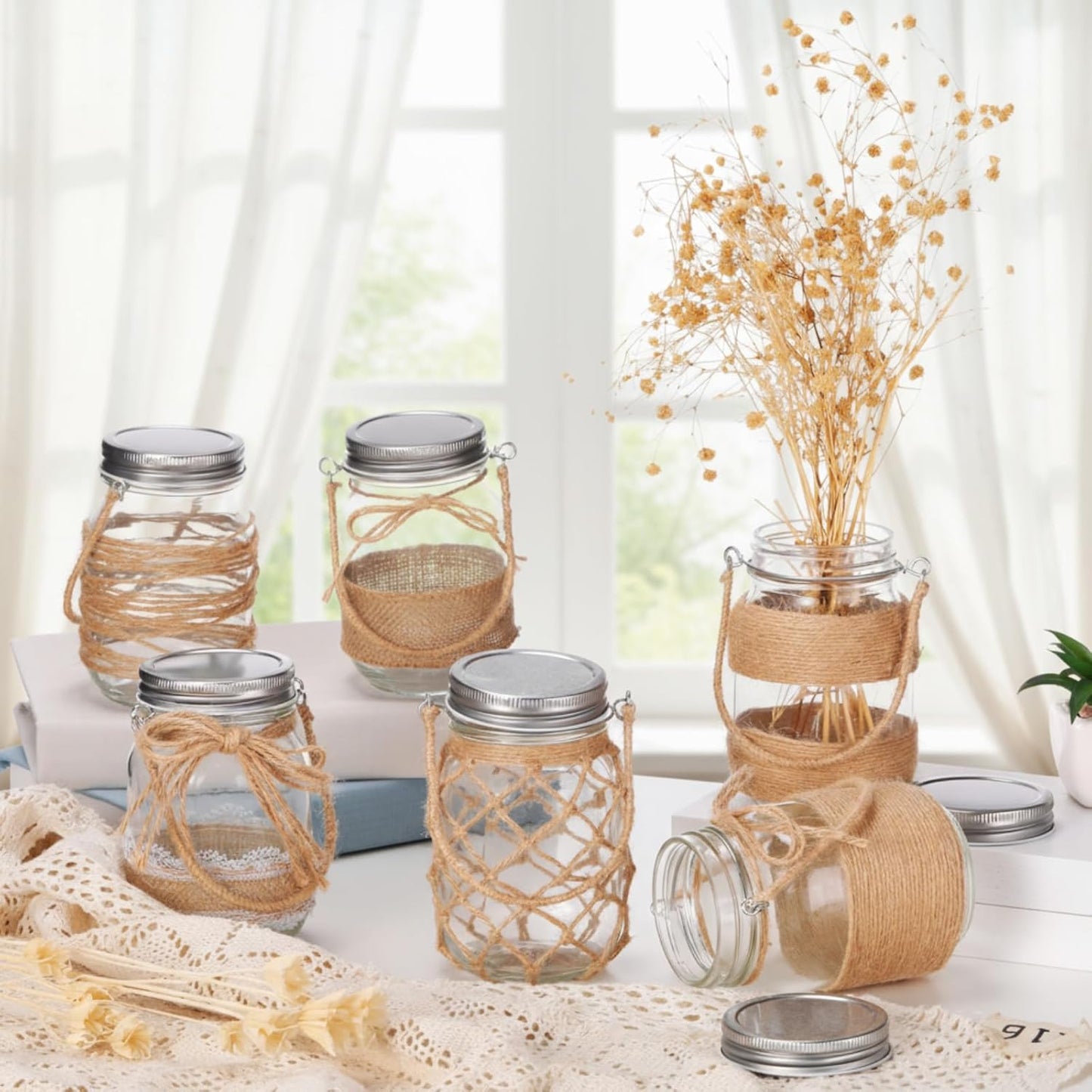 6 Pcs 5 Inch Small Hanging Mason Jars with Handles and Lids Decorative Glass Bottles Rope Net Glass Vase for Home Table Centerpiece Farmhouse Wedding Party decoration-VerdiqueGarden