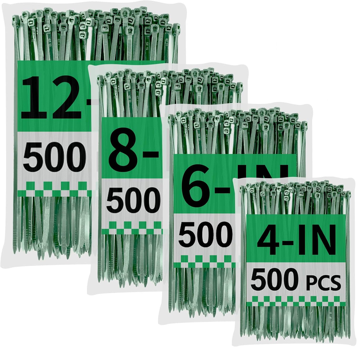 Green Zip Ties Assorted Sizes (4"+6"+8"+12"), 2000 Pack, Cable Ties UV Resistant for Garden, Plants, Fence, Holiday Lights, Yakobela-VerdiqueGarden