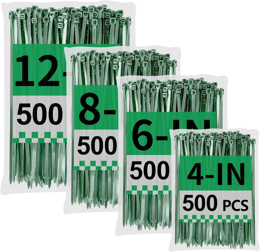 Green Zip Ties Assorted Sizes (4"+6"+8"+12"), 2000 Pack, Cable Ties UV Resistant for Garden, Plants, Fence, Holiday Lights, Yakobela-VerdiqueGarden