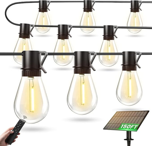 Solar Powered 150FT Outdoor String Lights 35+2 LED Bulbs Waterproof Shatterproof Remote Control Dimmable Extra Long Hanging Lights for Large Yard Deck Market Cafe Event Lighting-VerdiqueGarden