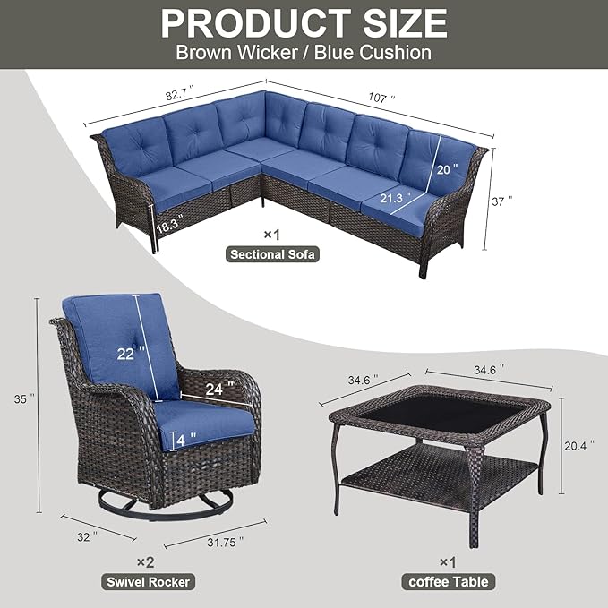 Outdoor Furniture Sectional Sofa L Shaped Couch - Patio Wicker Set with 2 Swivel Glider Chairs, 5 Piece Rattan Patio Conversation Sets with Blue Cushion for Deck Backyard Sunroom-VerdiqueGarden