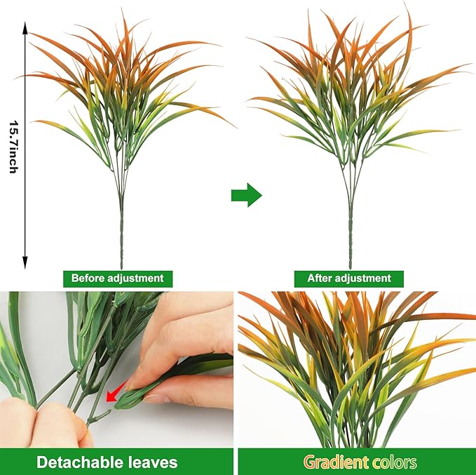 Ouddy Decor 16 Bundles Artificial Fall Plants Outdoor Fake Grass Stems UV Resistant Faux Plastic Plants Shrubs for Autumn Home Garden Pathway Farmhouse Front Porch Harvest Thanksgiving Decor, Orange-VerdiqueGarden