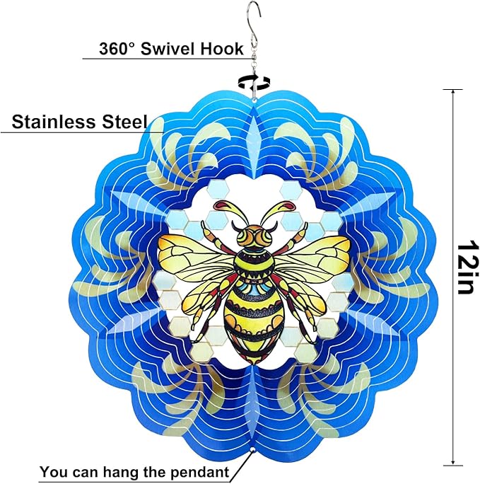 Bee Wind Spinners 3D Hanging Wind Spinner Bee Ornament Gifts for Women Mom Grandma,12inch Metal Spring Wind Kinetic Sculpture for Outdoor&Indoor Decor, Yard Art, Garden Decoration-VerdiqueGarden