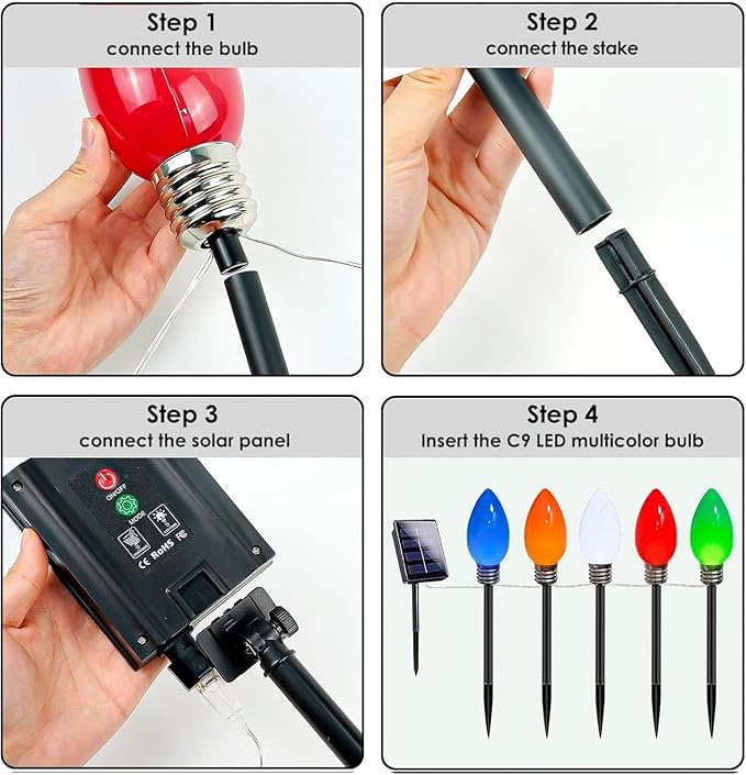 10-Pack Jumbo C9 Solar Christmas Lights, Upgraded LED Outdoor Christmas Decoration, Larger Muticolor Bulbs Solar Lights Outdoor Waterproof for Outside Path Garden Holiday Yard Patio Decor (Multicolor)-VerdiqueGarden