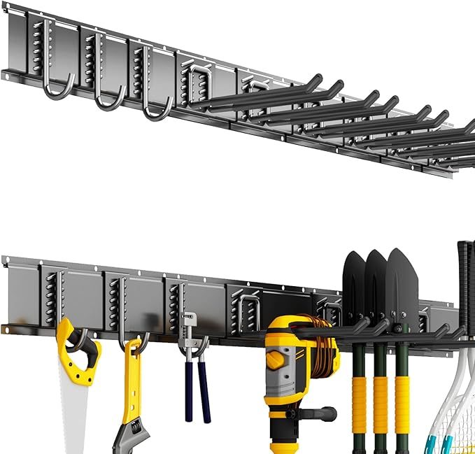 Garage Organization Tool Organizer Wall Mount, 48inch Heavy Duty Garden Tool organizer Storage System, Easy Install With 9 Adjustable Hooks, For Garage, Basement, Shed, Workshop(Black)-VerdiqueGarden