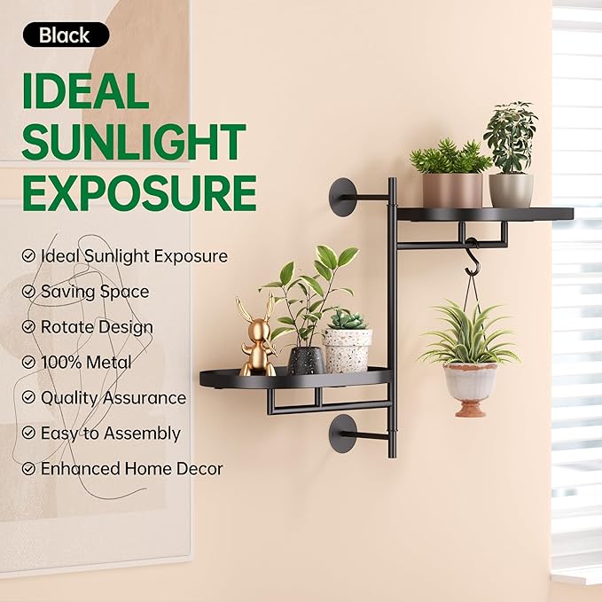 Rotating Window Plant Shelves for Multiple Plants Indoors,2-tier Metal Corner Black Plant Stand Holder Floating Plant Shelf for Wall，Windows Sill Gifts for Plant Lovers to Enhance Home Decor-VerdiqueGarden