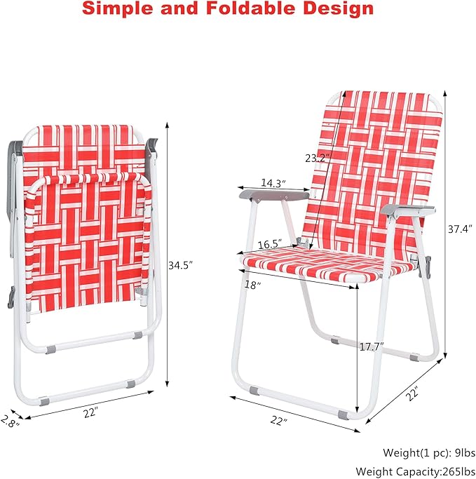 VINGLI Patio Lawn Webbed Folding Chairs Set of 4, Outdoor Beach Chair Portable Dining Chair for ir for Outdoor Yard, Garden(Red, Classic)-VerdiqueGarden