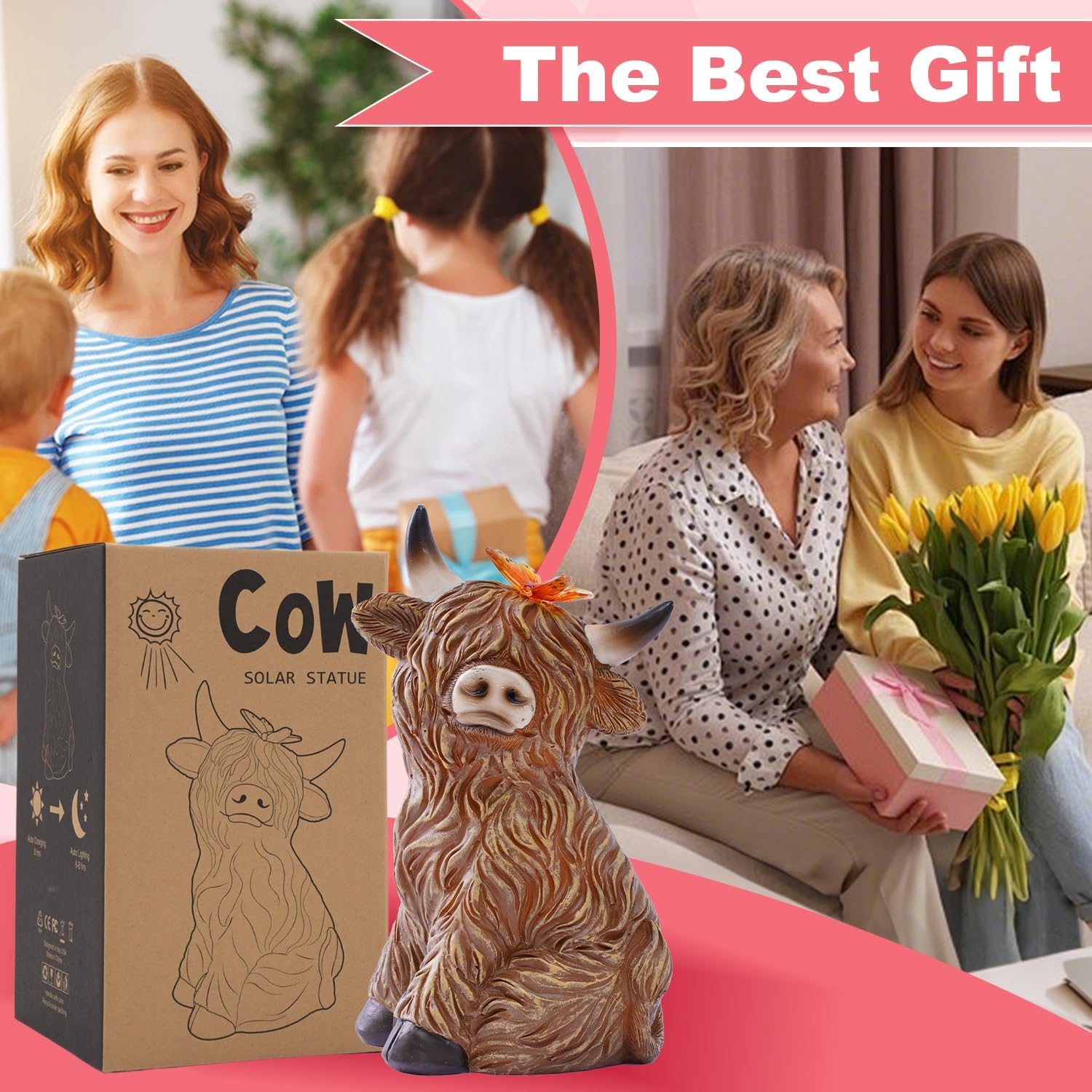 Solar Garden Statue Highland Cow Figurine – Outdoor Decoration with Butterfly for Garden Yard Lawn Home Decor Outside : Unique Gifts for Mom Grandma-VerdiqueGarden