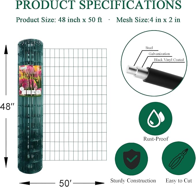 Green PVC Coated Welded Wire Fence 48 Inch x 50 Foot, 2 Inch x 4 Inch 14GA, Garden Border Fencing Roll Vinyl Coating Metal Wire Mesh Hardware Cloth for Yard Vegetable Plant Protection-VerdiqueGarden