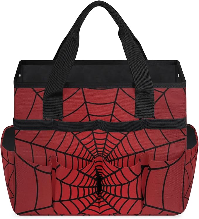 Spiders Web Red Gardening Tool Bag,Heavy Duty Garden Tote Bag,Portable Oxford Gardening Storage Basket Organizer Handbag with Pockets Handle,Hand Tools Gifts for Outdoor Garden Lawn-VerdiqueGarden