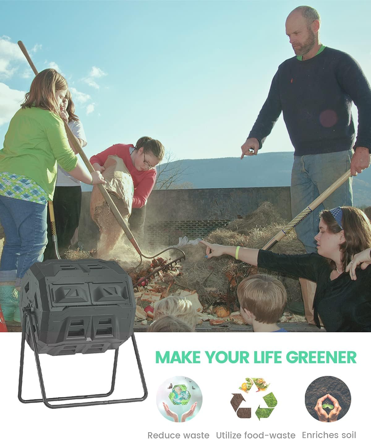 2021 Upgraded Tumbling Composter with Compost Thermometer - Dual Chamber Garden Compost Bin(43 Gal, Black)-VerdiqueGarden