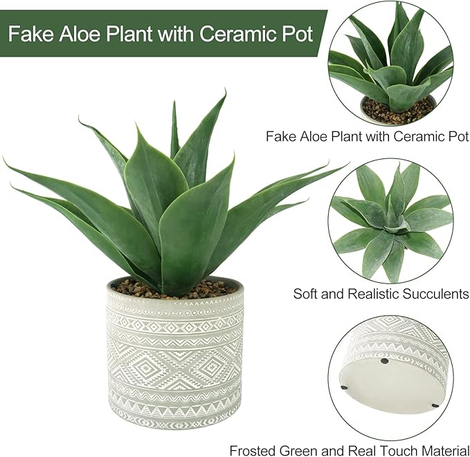 Artificial Potted Plants, 13.8" Artificial Succulent Fake Aloe, Large Faux Aloe Plant in Pot for Home Office Room Badroom Garden Decor (Grey)-VerdiqueGarden