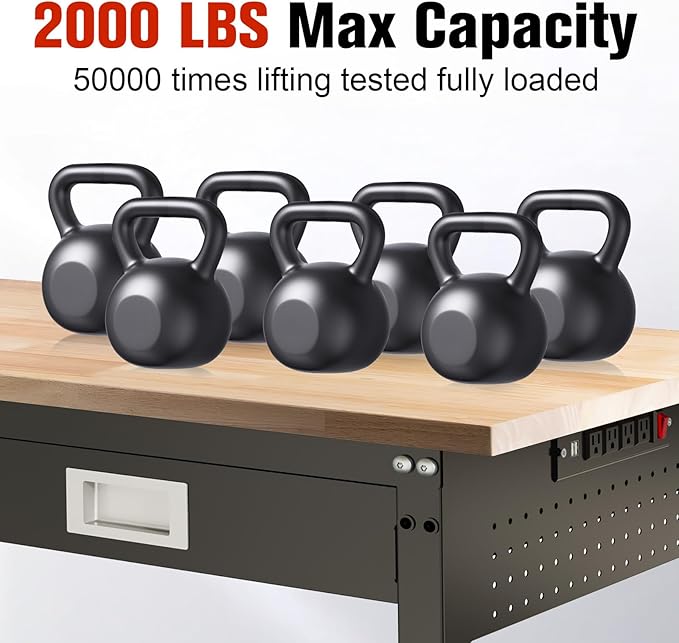 60" Workbench with Drawers, Work Benches for Garage with Strip Light, Adjustable Work Table with Large Pegboard, 2000 LBS Heavy Duty Table with Power Outlet Rubber Wood for Garage, Office-VerdiqueGarden