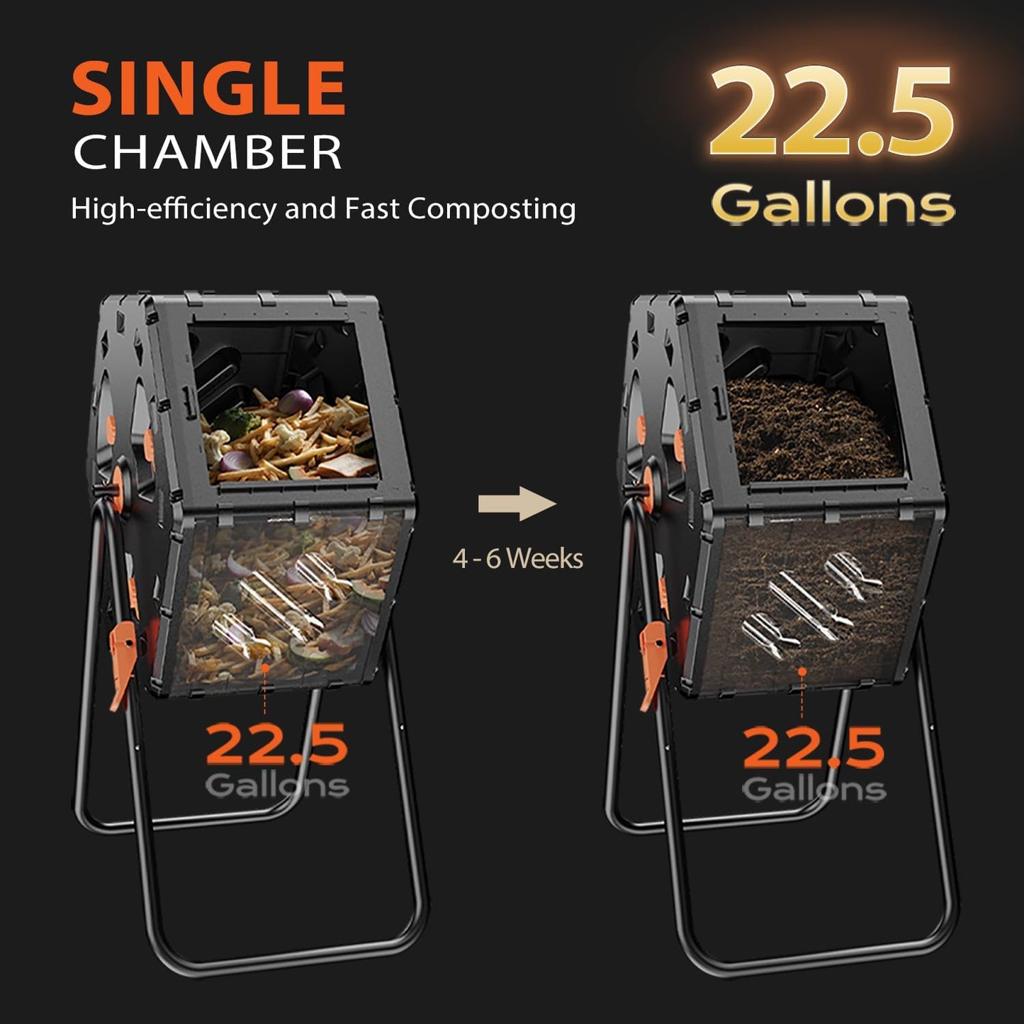 Compost Bin Outdoor 22.5 Gallon, Easy Assemble Composter Tumbler, 360°Rotating Garden Compost Bin for Fast Composting, Tumbling Composter for Outside, Backyard, and Yard-VerdiqueGarden