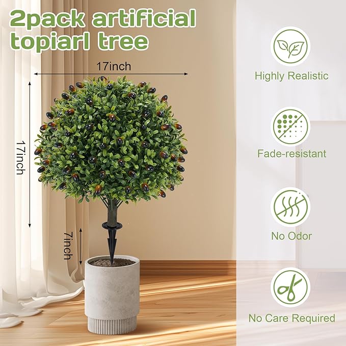 Artificial olive Topiary Ball Tree 24" with Ground Spike, Set of 2 Artificial Boxwood Bushes for Faux Shrubs, Fake Evergreen Faux Plant for Indoor Outdoor Porch Garden -UV Resistant–Fade-Proof-VerdiqueGarden