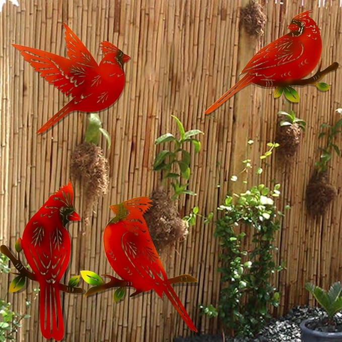 4 Pack Metal Cardinal Wall Art Decor Metal Birds 3D Outdoor Sculpture, Ornaments Hand-Made Nimble red Bird, Gifts for Mom,Birthday Gifts for Grandma Wife-VerdiqueGarden