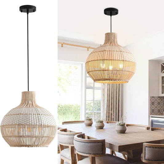 15" Rattan Pendant Light Fixture,3-Light Hand-Woven White Wicker Basket Chandelier Boho Faux Rattan Hanging Lamp,for Dining Living Bedroom Kitchen 1-Pack-VerdiqueGarden