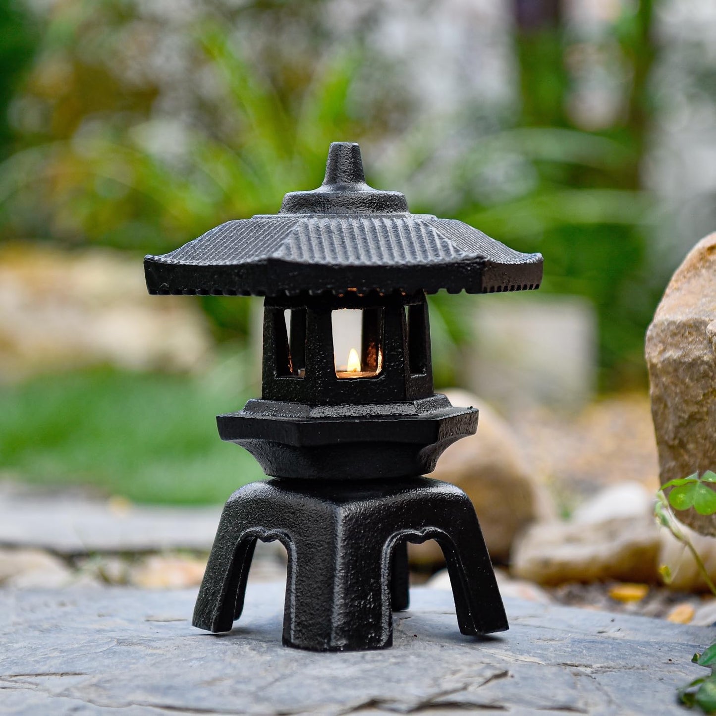 Sungmor Cast Iron Candle Lantern - Japanese Pagoda, Vintage Indoor/Outdoor Zen Garden Decorative Lantern, Heavy Duty Tealight Candle Holder Stand, Rustic Home Decor Patio Yard Art Ornament-VerdiqueGarden