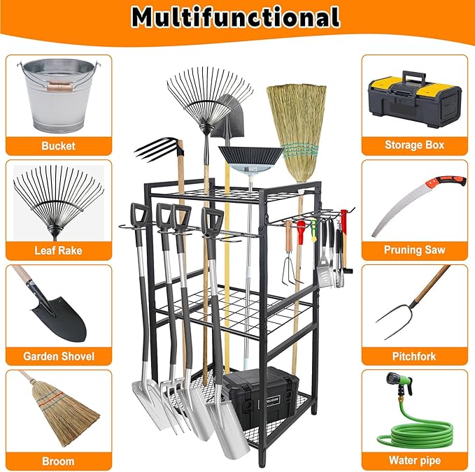 3 Tier Garden Tool Organizer, Yard Tool Tower Rack, Tool organizer up to 78 Tools, Heavy Duty Garden Tool Organizer for Garage, Yard, Patio, Shed, Indoors and Outdoors, Black-VerdiqueGarden