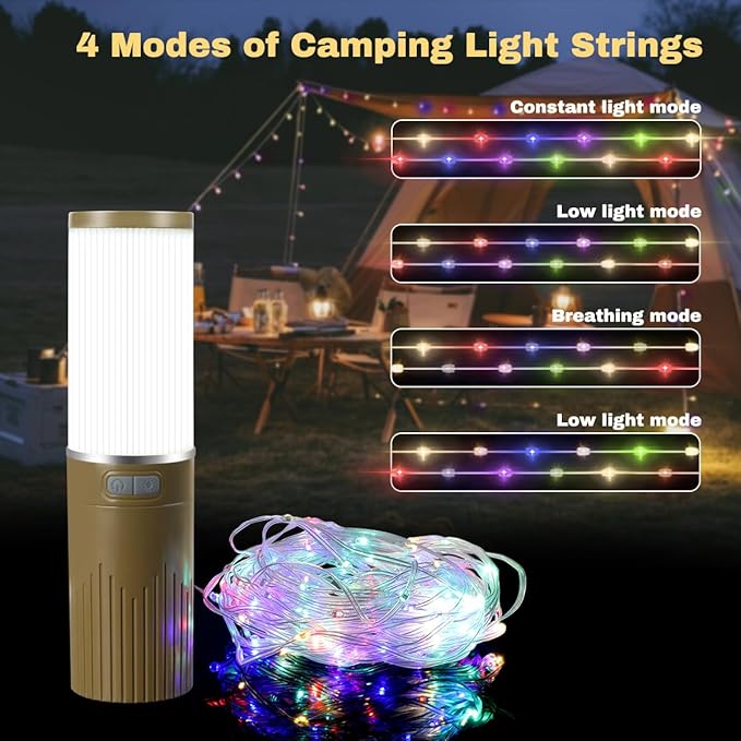 Camping Lantern with 49.2FT String, 2 in 1 Outdoor RGB String Lights with 4 Modes & 5 Modes Rechargeable Camping Lamp IPX4 Waterproof Portable LED Tent Light for Outdoor Yard Garden Decoration-VerdiqueGarden