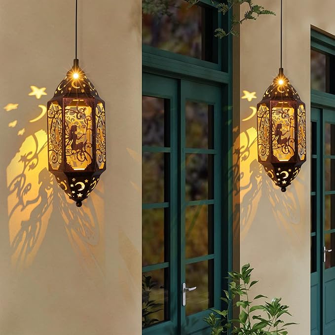 Go2garden 12.4" Outdoor Solar Lanterns Waterproof Garden Gifts Women, Moon Fairy Statue Solar Haning Lights for Patio, Yard Decorations, Mothers Day Gifts for Mom, Grandma(2Pack, Red Copper)-VerdiqueGarden